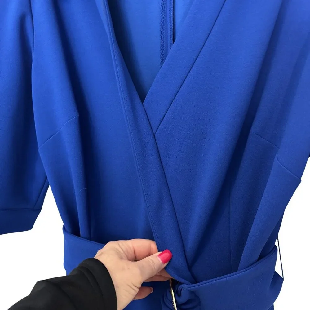 Tahari Arthur S. Levine Blue Belted Midi Faux Wrap Dress Collared Neck - Picture 6 of 11